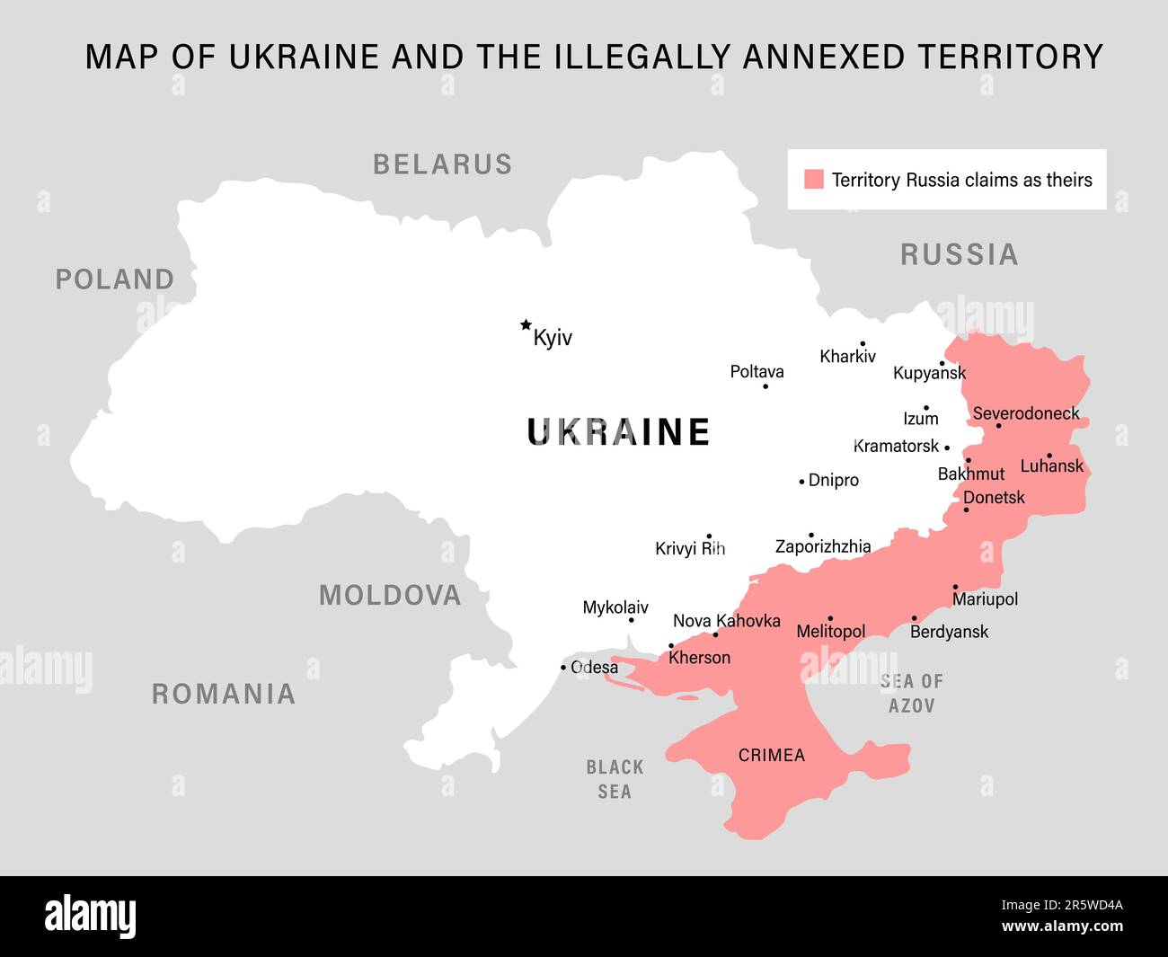 Karte der Ukraine und des rechtswidrig annektierten Gebiets vor Beginn der Gegenoffensive. Bearbeitbare schematische Karte mit Städten in der Ostukraine Stock Vektor