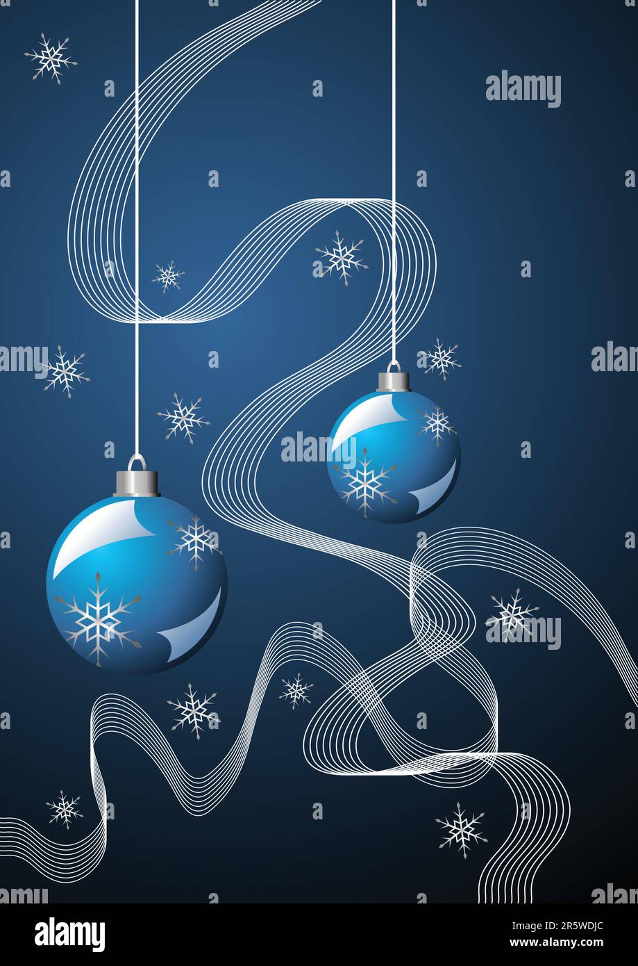 Schneekristalle Bänder und Weihnachtsbälle über blau Stock Vektor