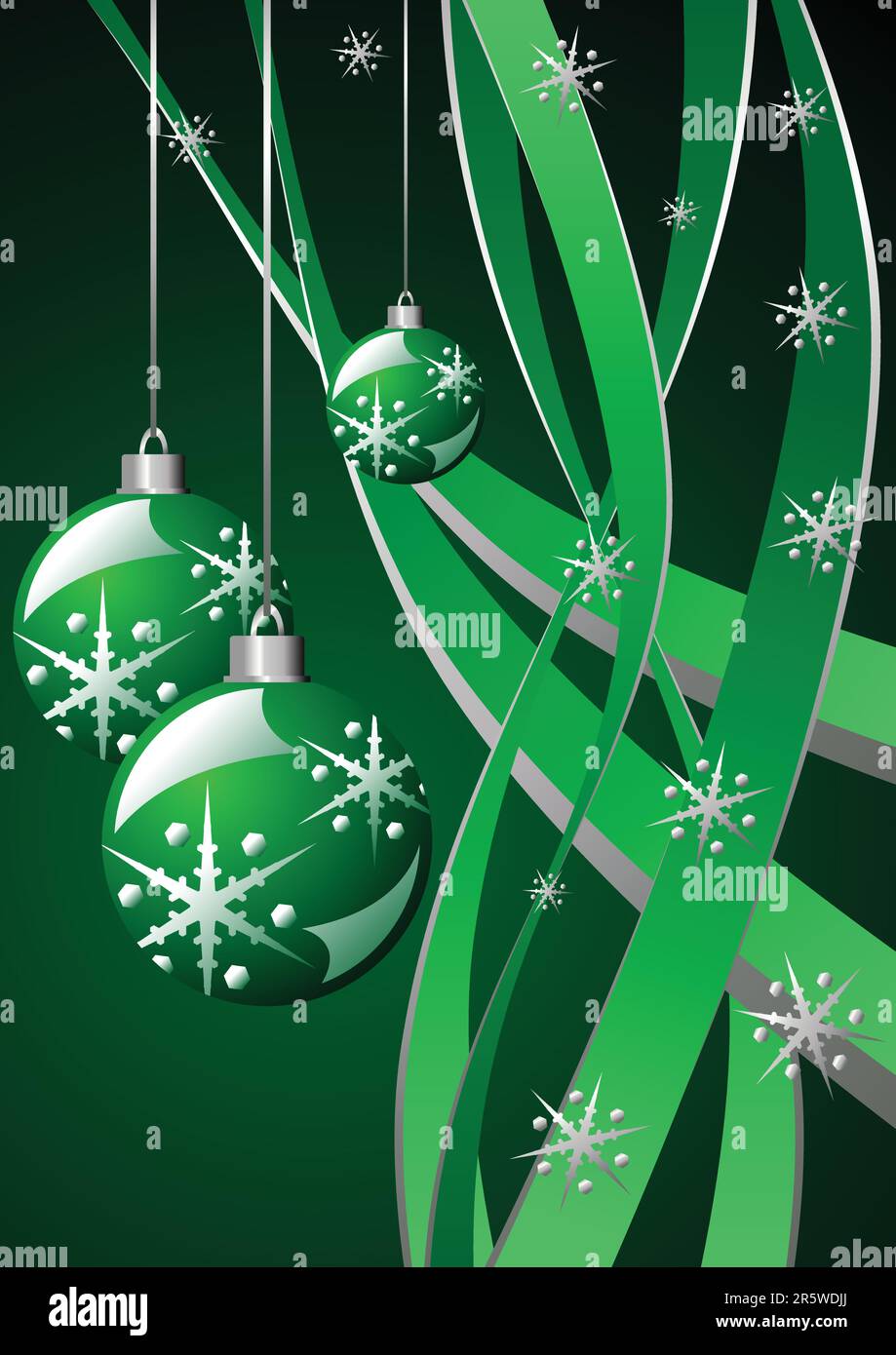 Schneekristalle, Weihnachtsbälle und Bänder über Grün Stock Vektor