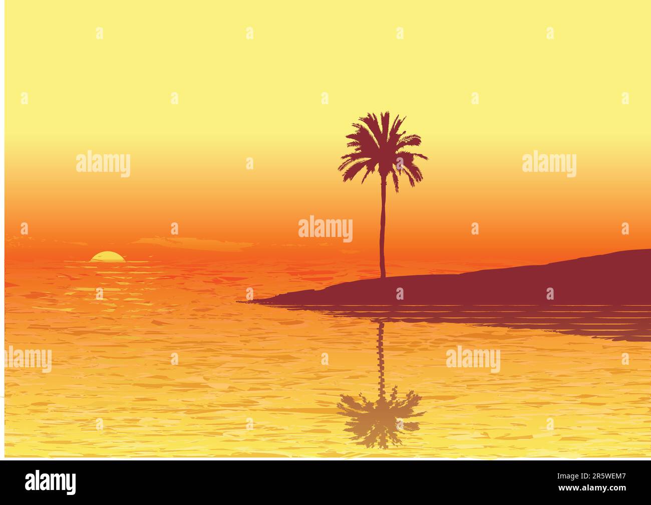 Roten Sonnenuntergang an einem tropischen Strand.  Vektor-Illustration. Stock Vektor