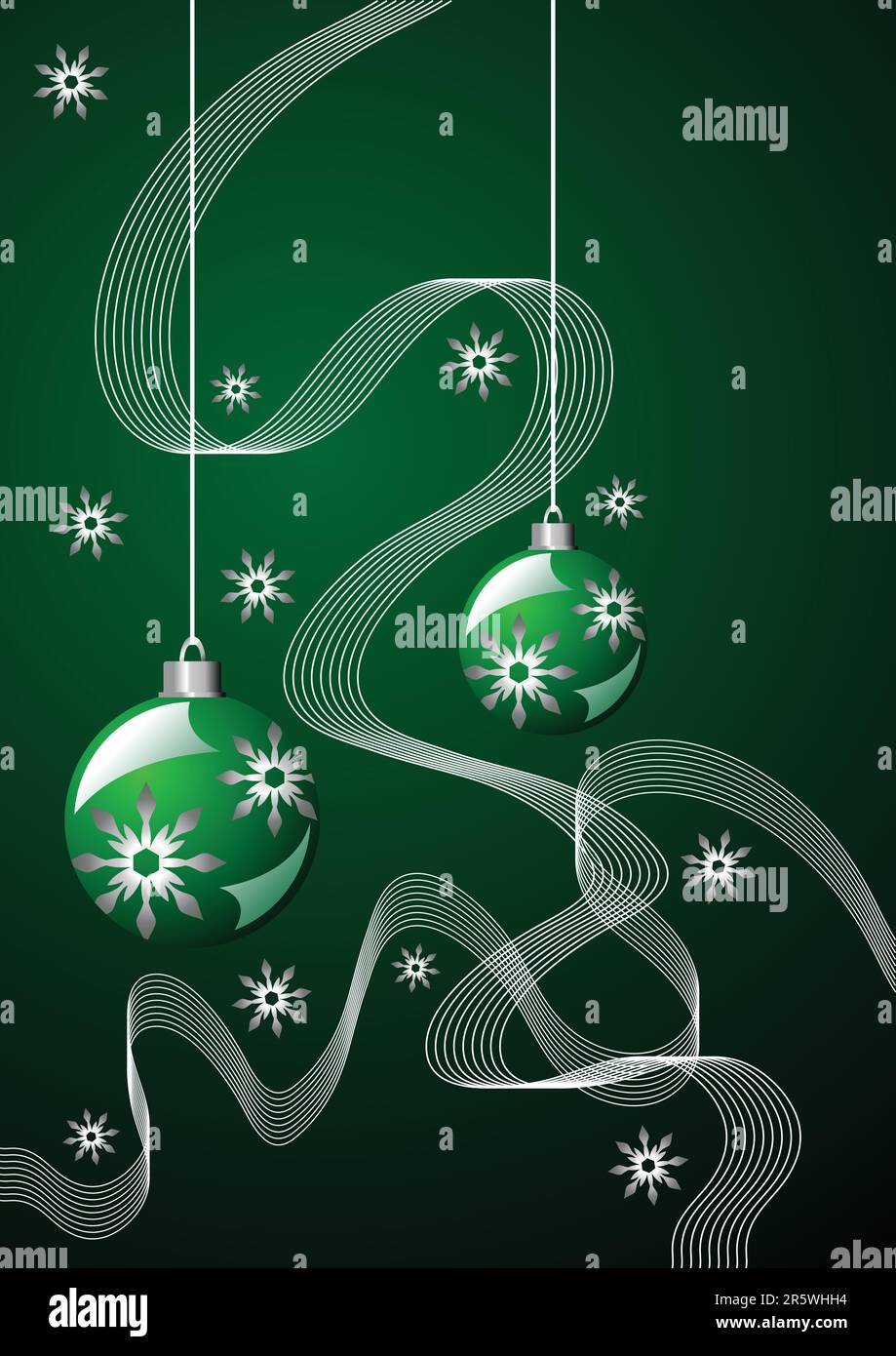 Schneekristalle Bänder und Weihnachtsbälle über Grün Stock Vektor