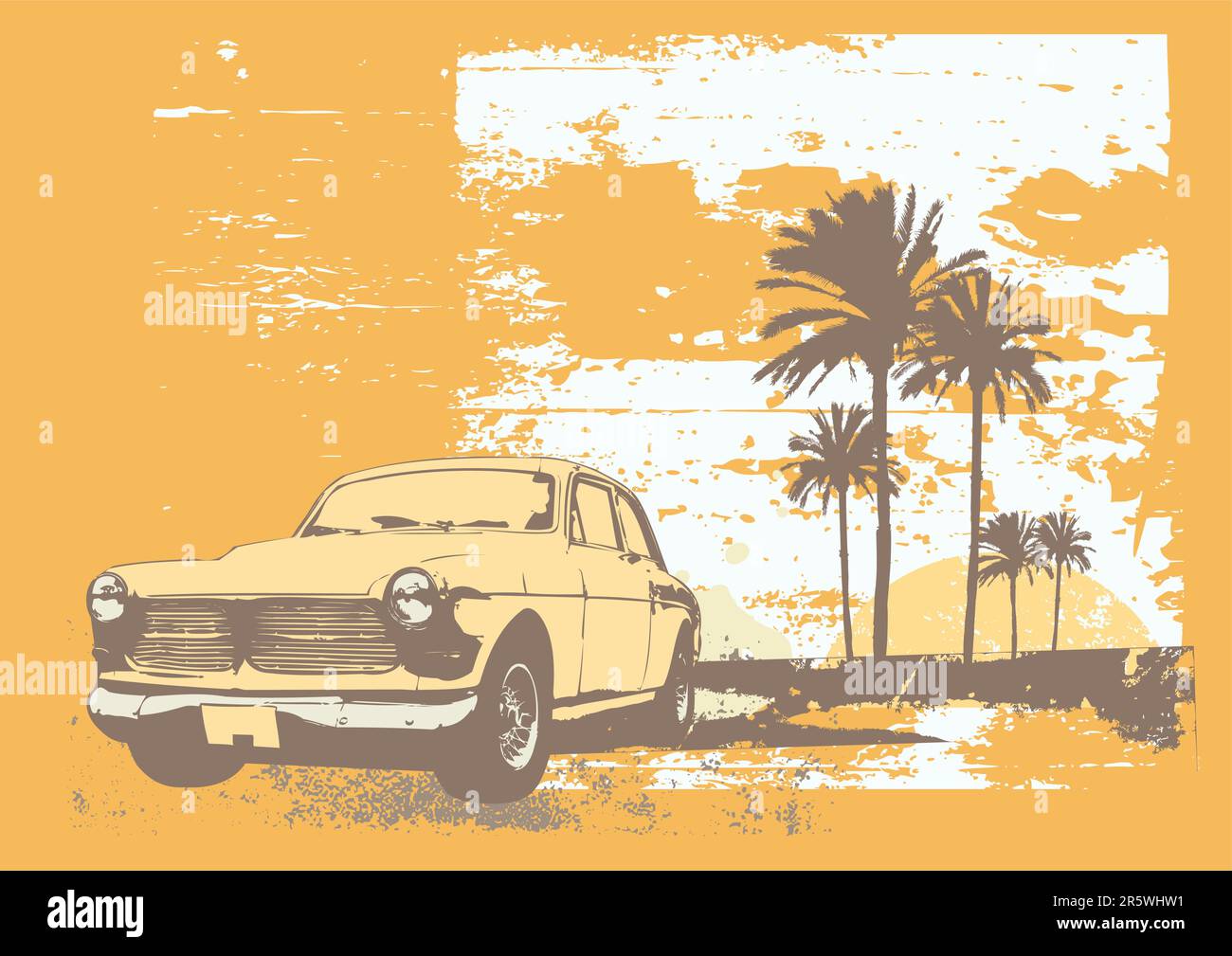 Vektor-Illustration der Oldtimer am Strand mit Palmen und Sonnenuntergang Stock Vektor