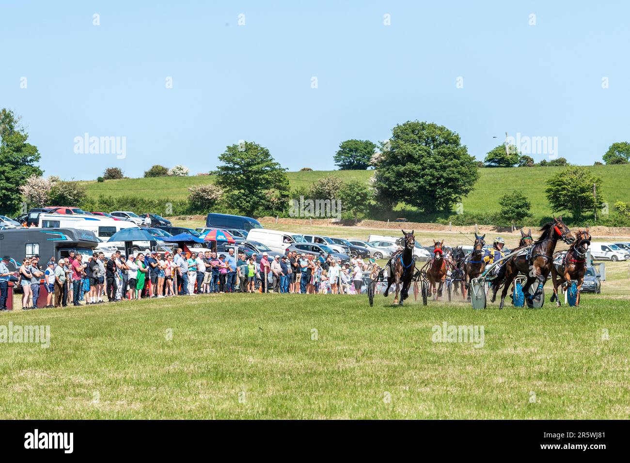 Lyre, West Cork, Irland. 5. Juni 2023. Die Irish Harness Racing Association (IHRA) veranstaltete in Lyre in der Nähe von Clonakilty über das Feiertagswochenende eine irische amerikanische Feier. Der Feiertag war der Abschlusstag mit einer 8-Dollar-Rennkarte und einer Menge Zuschauer. Eine große Menge sah die Action. Kredit: AG News/Alamy Live News Stockfoto