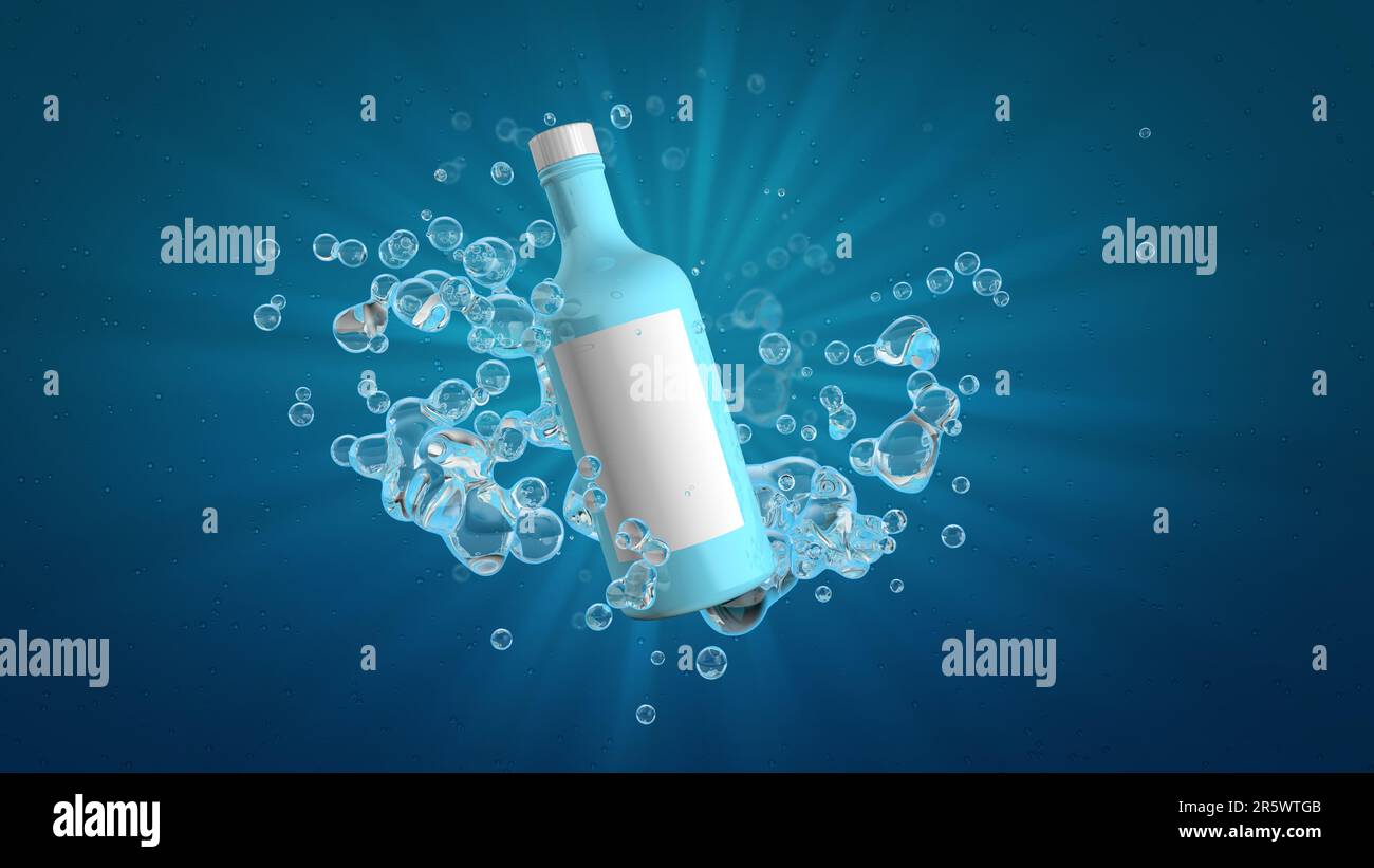 Hellblaue Glasflasche mit Verschluss und weißem Etikett, die Blasen auf blauem Hintergrund mit weißem Licht von der Bildmitte ausstrahlt. 3D Illustrati Stockfoto