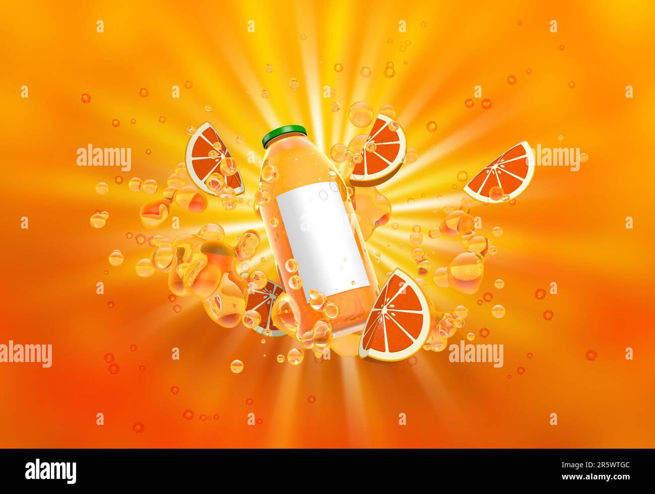 Flasche Orangensaft, umgeben von Blasen und orangefarbenen Scheiben auf einem gelben Hintergrund mit weißem Licht, das aus der Bildmitte kommt. Stockfoto