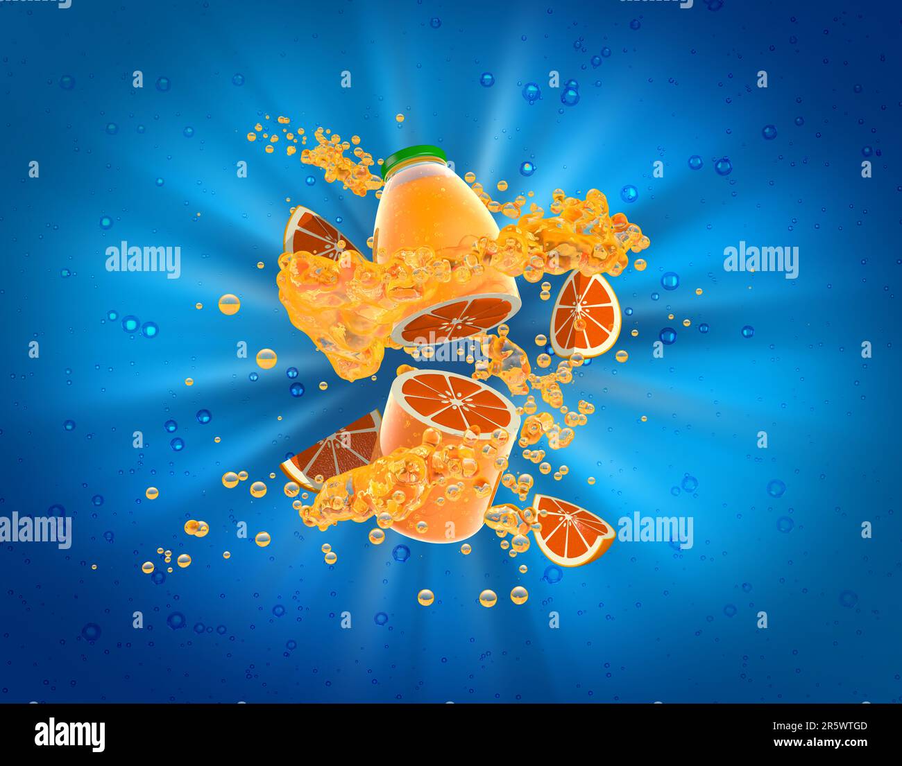Halbierte Orange in Form einer Saftflasche mit grünem Verschluss, umgeben von Blasen und orangefarbenen Scheiben auf blauem Hintergrund, aus der weißes Licht austritt Stockfoto
