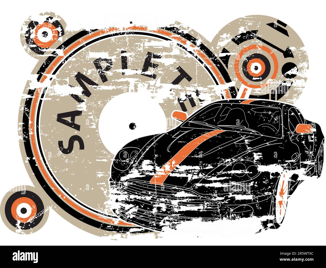 Schäbiges Design mit schwarzem Sportwagen. Abtrennbarer Platz für Beispieltexte. Stock Vektor