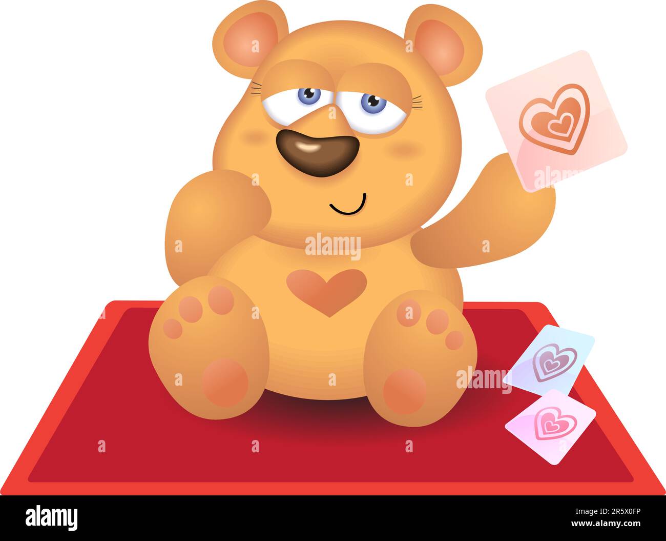 Teddybär spielt Herzkarte auf rotem Teppich Stock Vektor