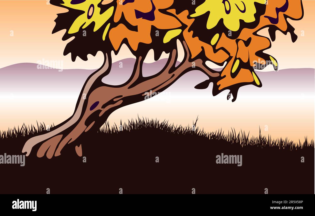 Ein kontrastreiches Bild eines Baumes im Herbst. In der Ferne sind helle und trübe Hügel zu sehen. Stock Vektor