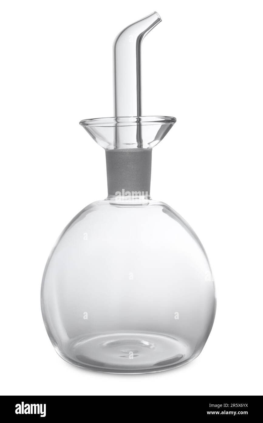 Leere Glasflasche für Öl auf weißem Hintergrund Stockfoto