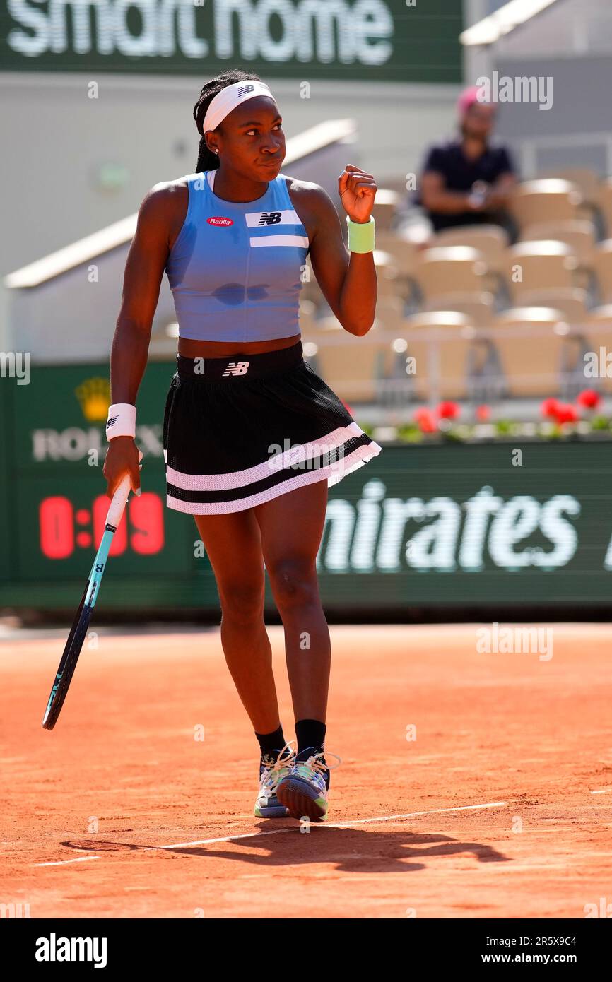 PARIS, FRANCE JUNE 5 Coco Gauff reacts after winning a point during