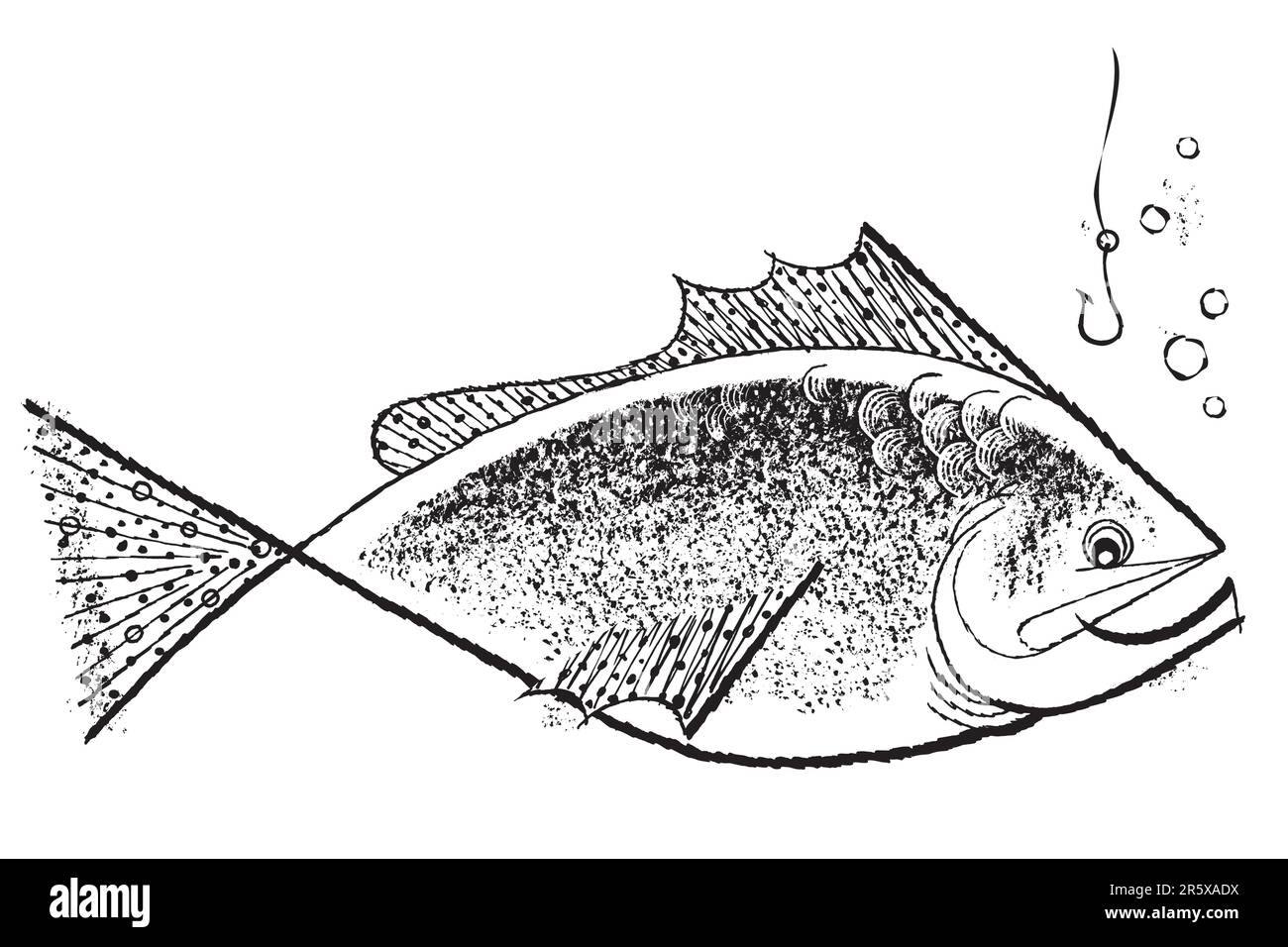 Fisch im klassischen 1950er-Stil; detailgetreue Schwarz-Weiß-Details von authentischen handgezeichneten Kratzbrettern. Stock Vektor