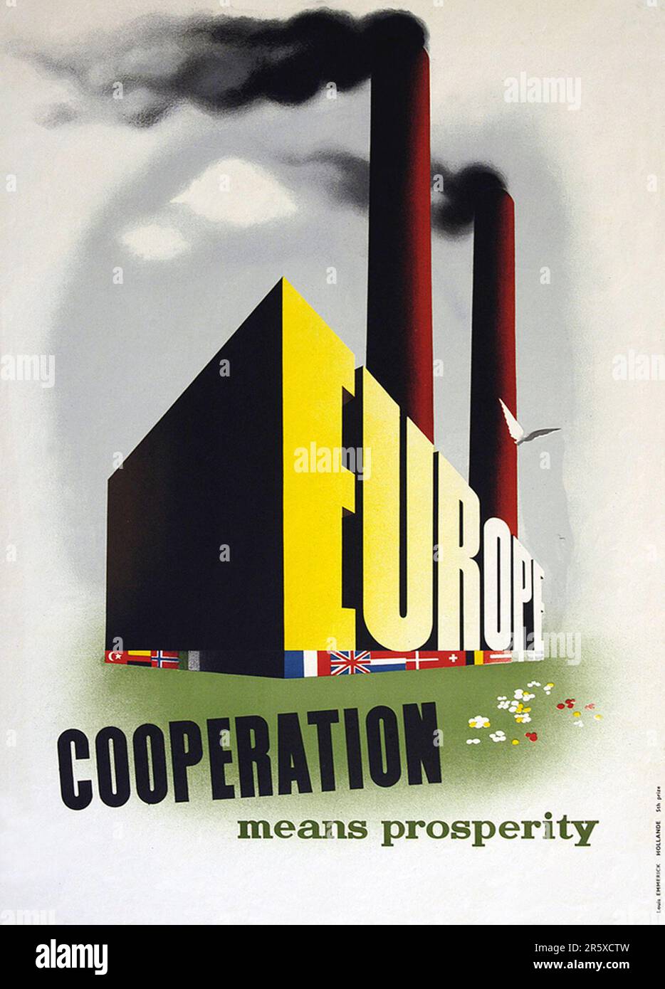 Ein 1950-Poster, auf dem das Europäische Konjunkturprogramm (normalerweise Marshall-Plan genannt) vorgestellt wird. Der Marshall-Plan war ein sehr ehrgeiziges Finanzhilfeprogramm, das von US-Außenminister George Marshall vorgeschlagen wurde. Er verstand, dass ein zerstörtes und prostruktives Europa finanzielle Hilfe braucht, um sich zu erholen und die Bedrohung durch kommunistische Aufstände zu beseitigen. Die Hilfe wurde nicht ausgeliehen, und jedes Land hat über die Verwendung der Mittel entschieden. In den drei Jahren des Programms gaben die USA Europa $13 Milliarden Dollar, eine riesige Summe im Wert von $175 Milliarden Dollar zu heutigen Werten. Dieser weitblickende und großzügige Plan war ein großes Werk Stockfoto