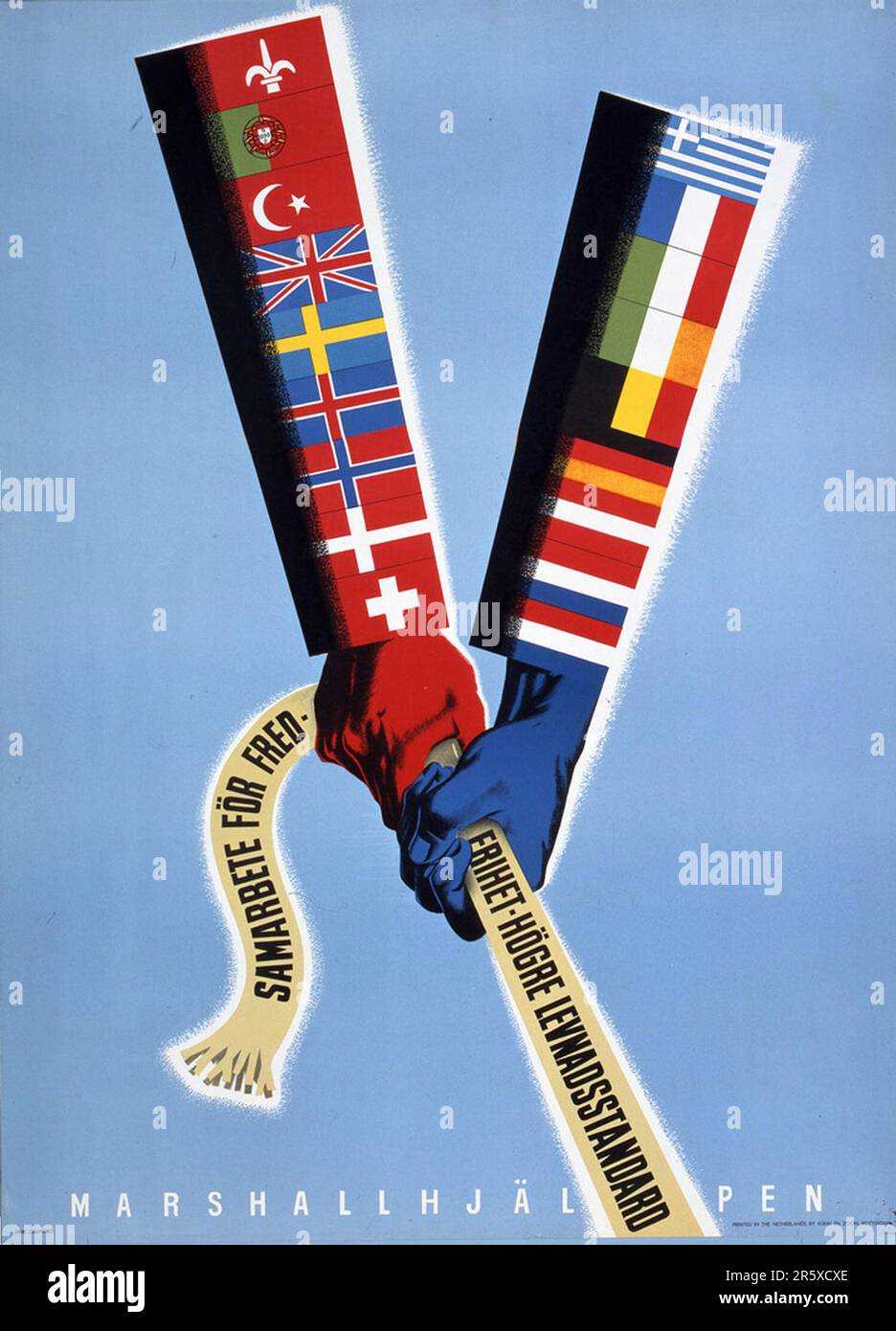 Ein 1950-Poster, auf dem das Europäische Konjunkturprogramm (normalerweise Marshall-Plan genannt) vorgestellt wird. Der Marshall-Plan war ein sehr ehrgeiziges Finanzhilfeprogramm, das von US-Außenminister George Marshall vorgeschlagen wurde. Er verstand, dass ein zerstörtes und prostruktives Europa finanzielle Hilfe braucht, um sich zu erholen und die Bedrohung durch kommunistische Aufstände zu beseitigen. Die Hilfe wurde nicht ausgeliehen, und jedes Land hat über die Verwendung der Mittel entschieden. In den drei Jahren des Programms gaben die USA Europa $13 Milliarden Dollar, eine riesige Summe im Wert von $175 Milliarden Dollar zu heutigen Werten. Dieser weitblickende und großzügige Plan war ein großes Werk Stockfoto