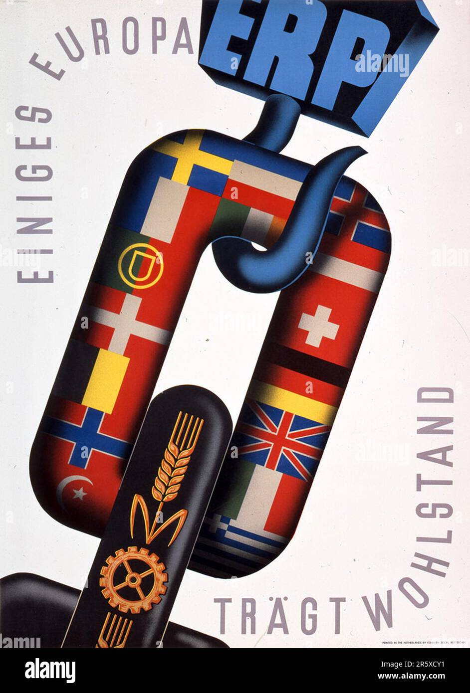 Ein 1950-Poster, auf dem das Europäische Konjunkturprogramm (normalerweise Marshall-Plan genannt) vorgestellt wird. Der Marshall-Plan war ein sehr ehrgeiziges Finanzhilfeprogramm, das von US-Außenminister George Marshall vorgeschlagen wurde. Er verstand, dass ein zerstörtes und prostruktives Europa finanzielle Hilfe braucht, um sich zu erholen und die Bedrohung durch kommunistische Aufstände zu beseitigen. Die Hilfe wurde nicht ausgeliehen, und jedes Land hat über die Verwendung der Mittel entschieden. In den drei Jahren des Programms gaben die USA Europa $13 Milliarden Dollar, eine riesige Summe im Wert von $175 Milliarden Dollar zu heutigen Werten. Dieser weitblickende und großzügige Plan war ein großes Werk Stockfoto