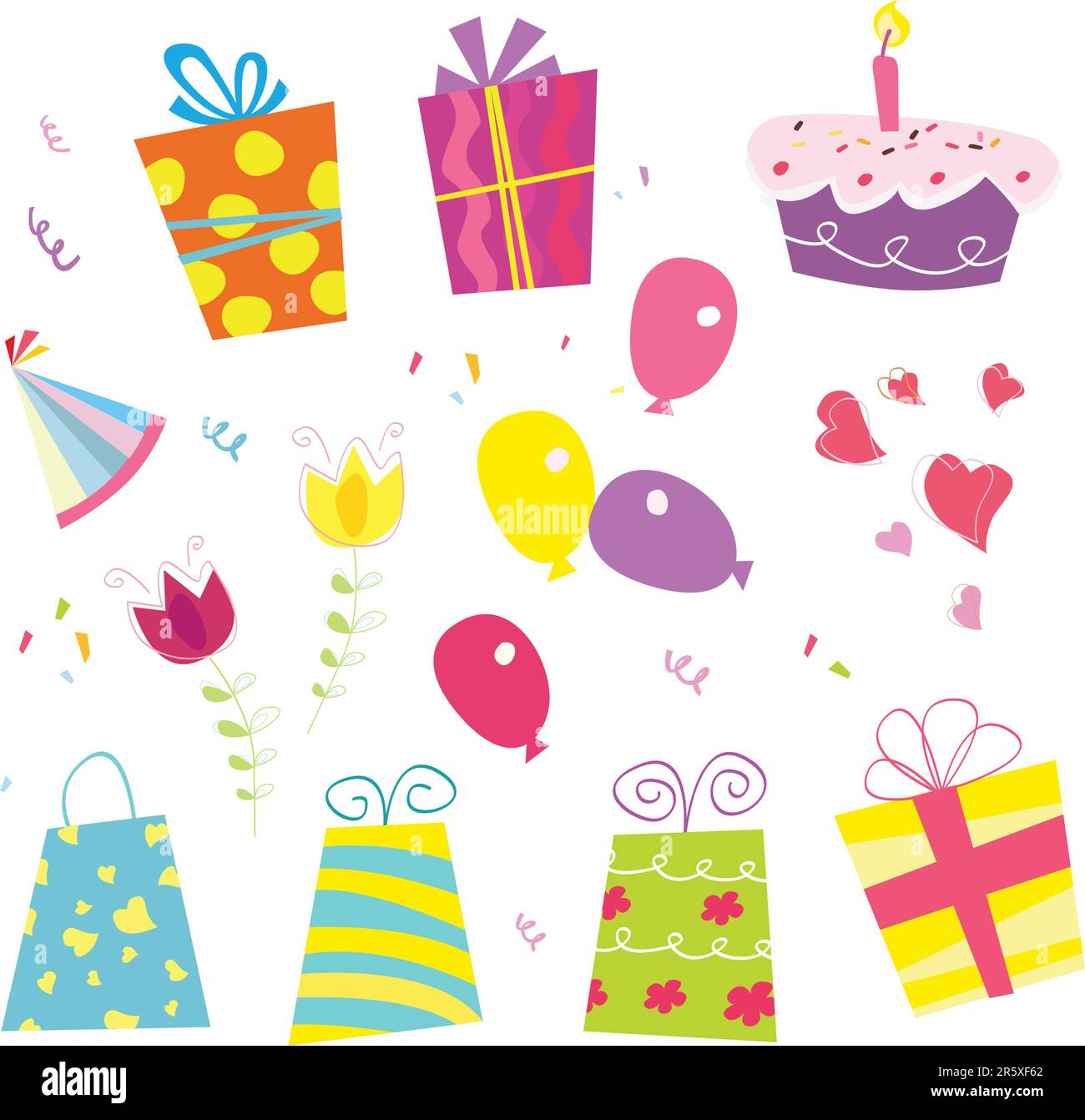 Geburtstagsvektorset. Einschließlich Geburtstagsgeschenke, Ballon, Blume, Kuchen, Band und Geburtstagsmütze. Stock Vektor