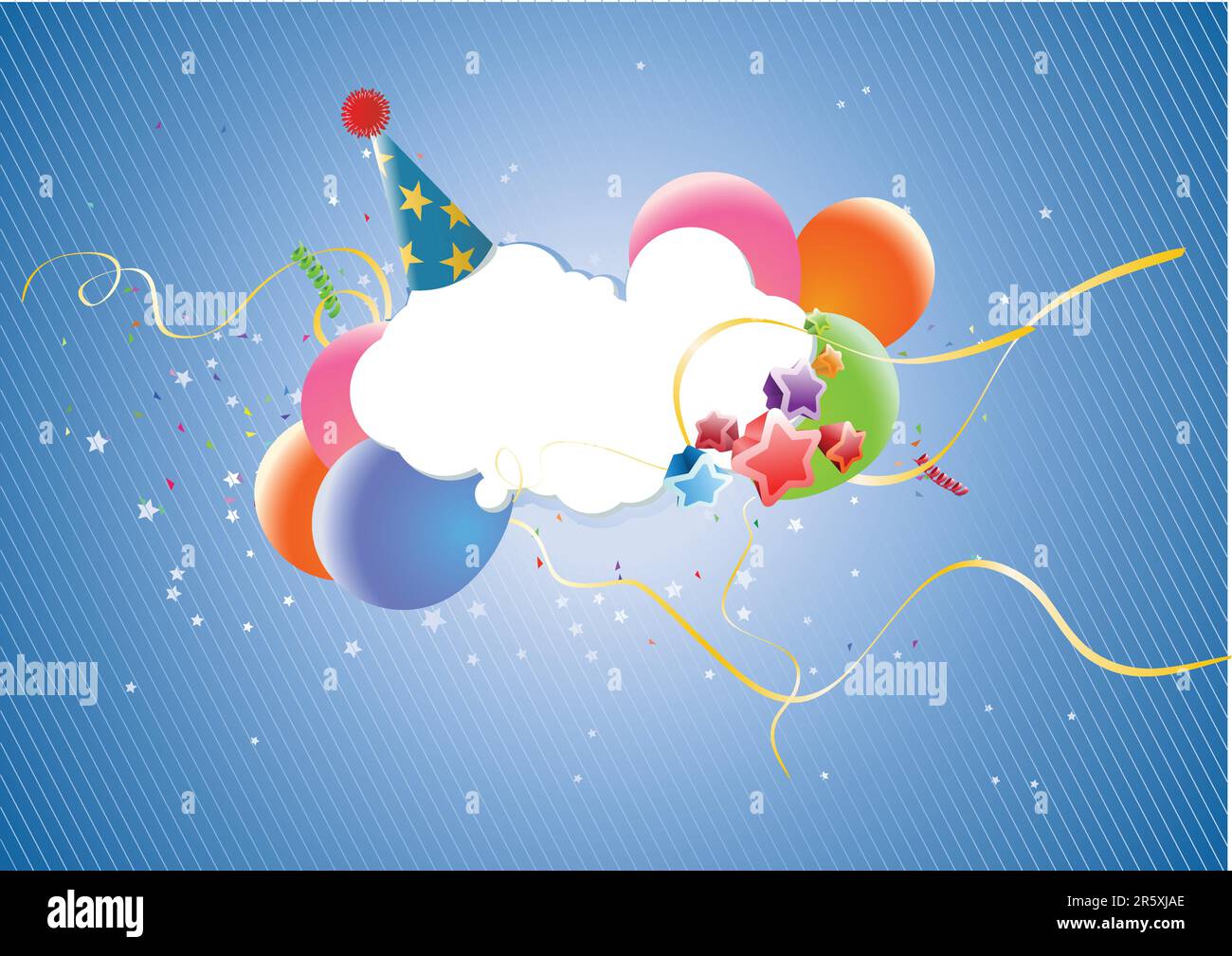 Bunte Party Ballons, Stars, Partyhut und Konfetti - ideal für Einladungskarte für Geburtstag, Jubiläum und Partys. Stock Vektor