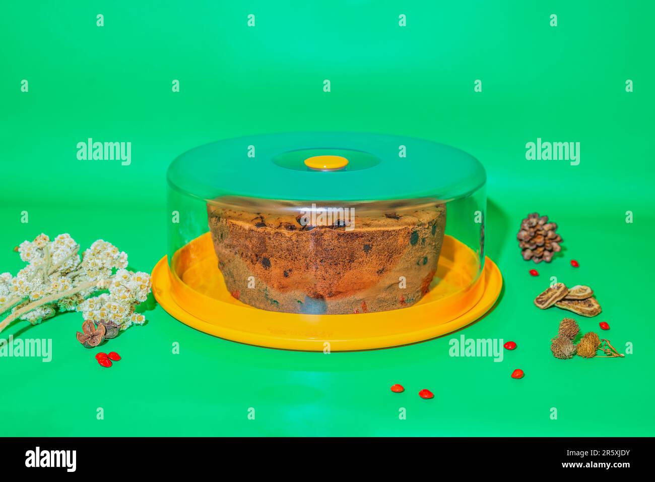 Der gelbe runde Kuchenbehälter mit transparentem Deckel ist eine stilvolle und praktische Aufbewahrungslösung für Ihre köstlichen Kuchen. Der gelbe runde Kuchenbehälter w Stockfoto