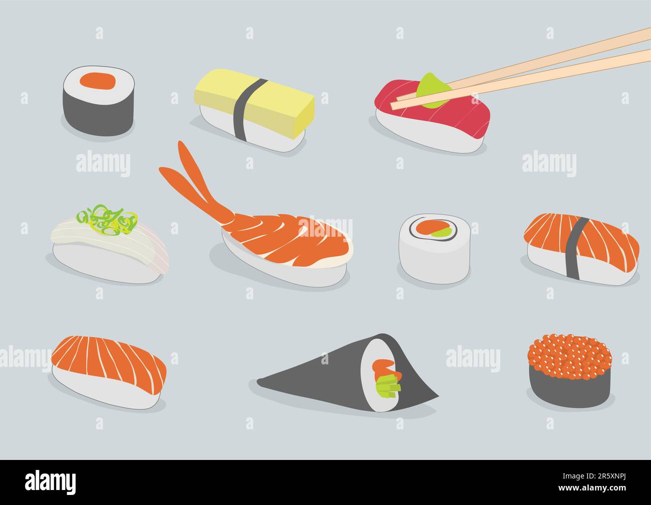 Vektor-Hintergrund-Illustration von verschiedenen Arten von Sushi, kultiger Stil Stock Vektor