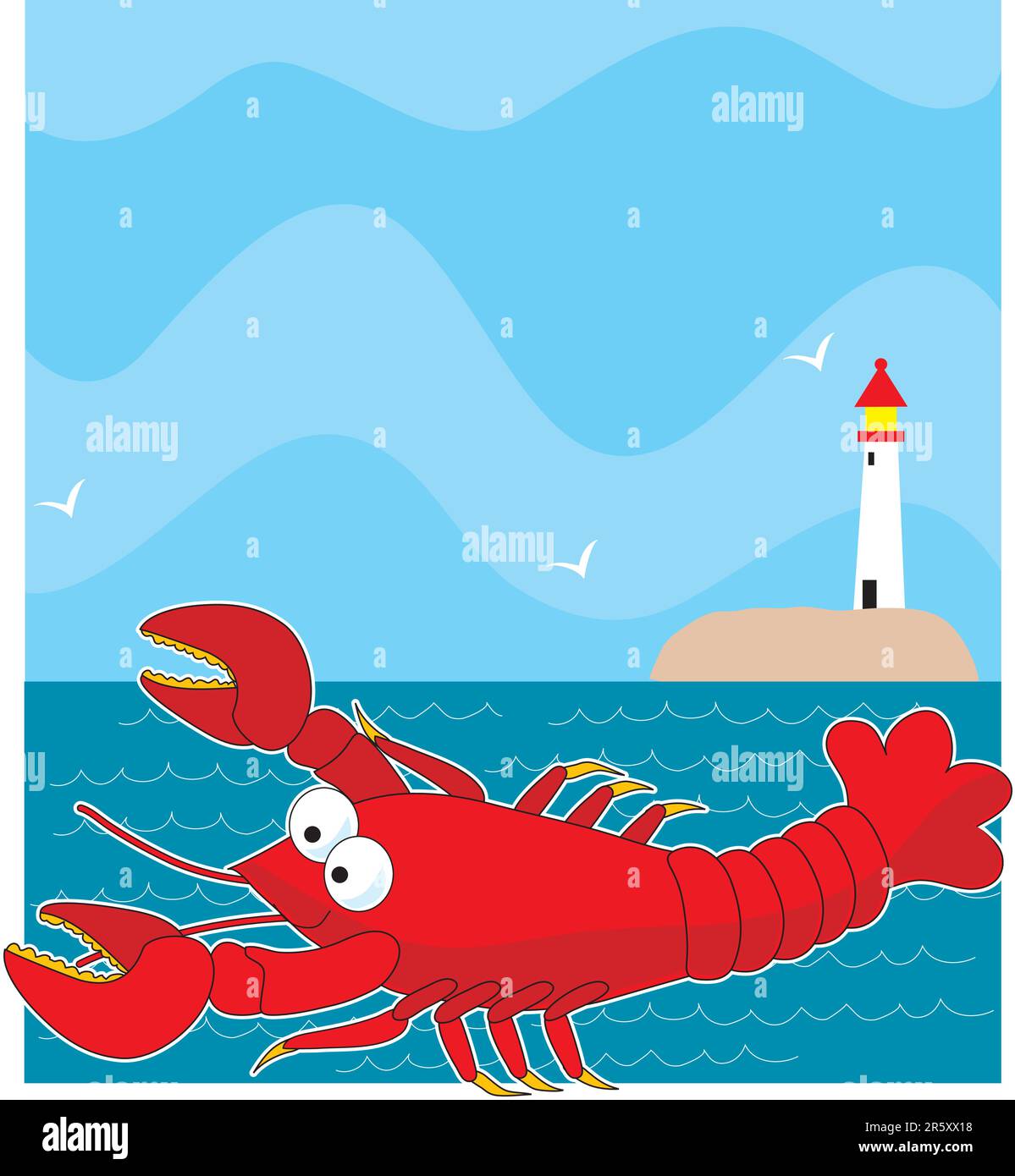 Ein großer roter Cartoon-Hummer. Der Hintergrund ist das Meer mit einem Leuchtturm am Horizont. Stock Vektor
