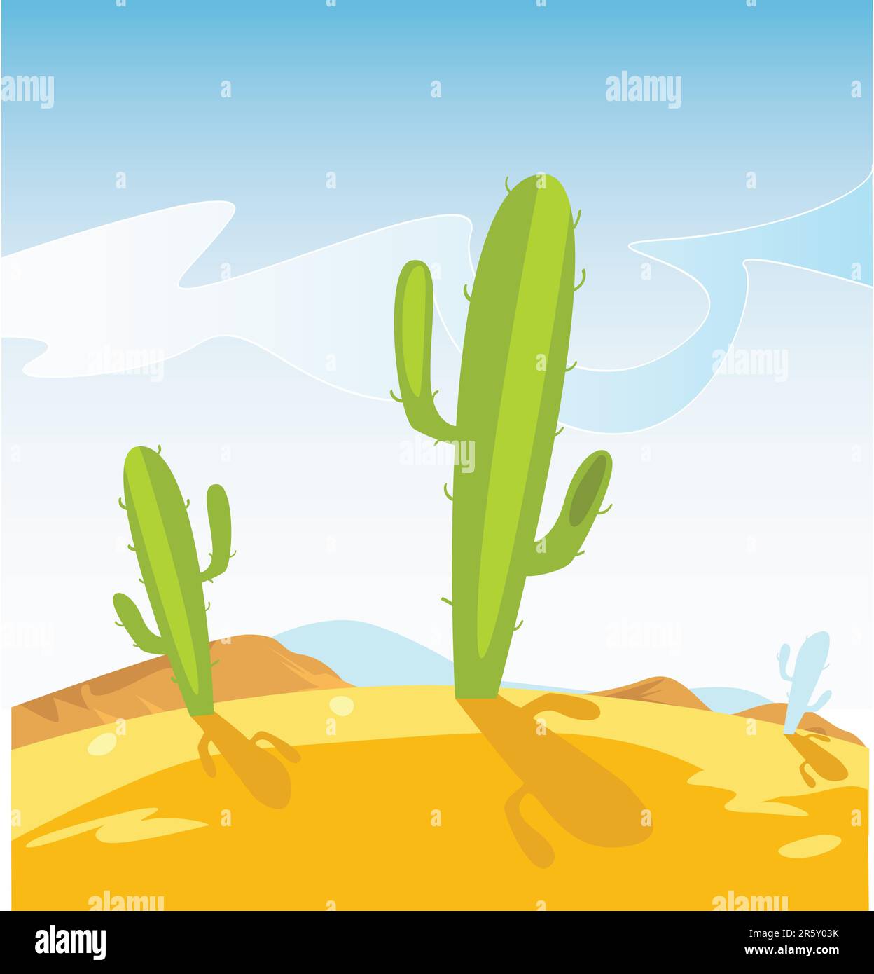 Westliche Stilvektordarstellung der Wüste Mexikos. Sandgelände mit Kaktuspflanzen. Stock Vektor