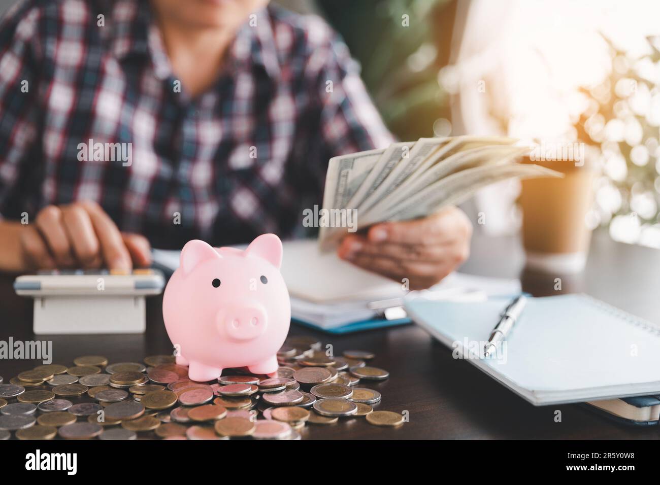 Pinkfarbenes Sparschwein mit einer Geschäftsfrau, die Ausgaben berechnet, Geld spart, Vermögen und Finanzkonzept, Finanzen, Investitionen, Finanzplanung. Fin Stockfoto