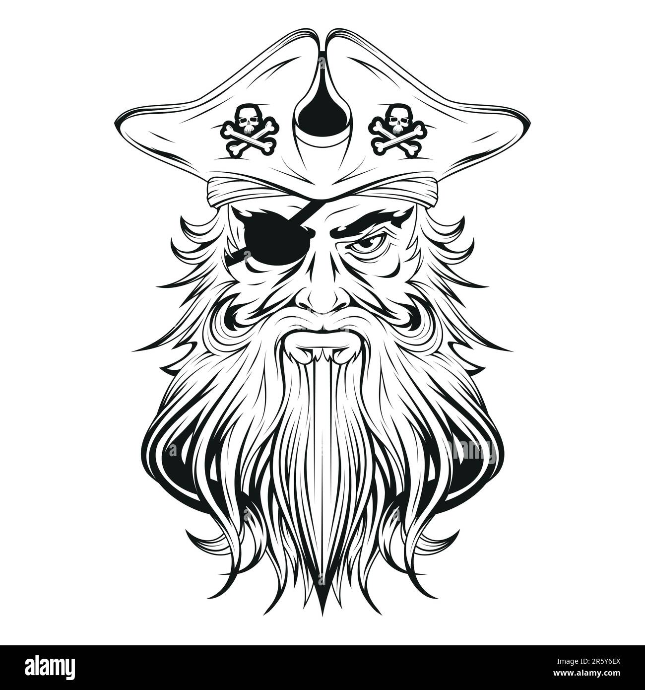 Ein Pirat. Vektordarstellung einer Zeichnung eines wütenden Captains mit Hut und Augenklappe Stock Vektor