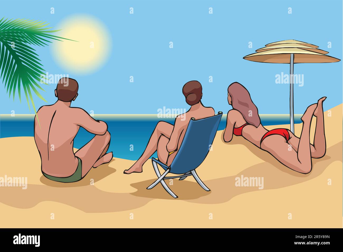 3 junge Erwachsene sitzen am Strand und beobachten das Meer Stock Vektor
