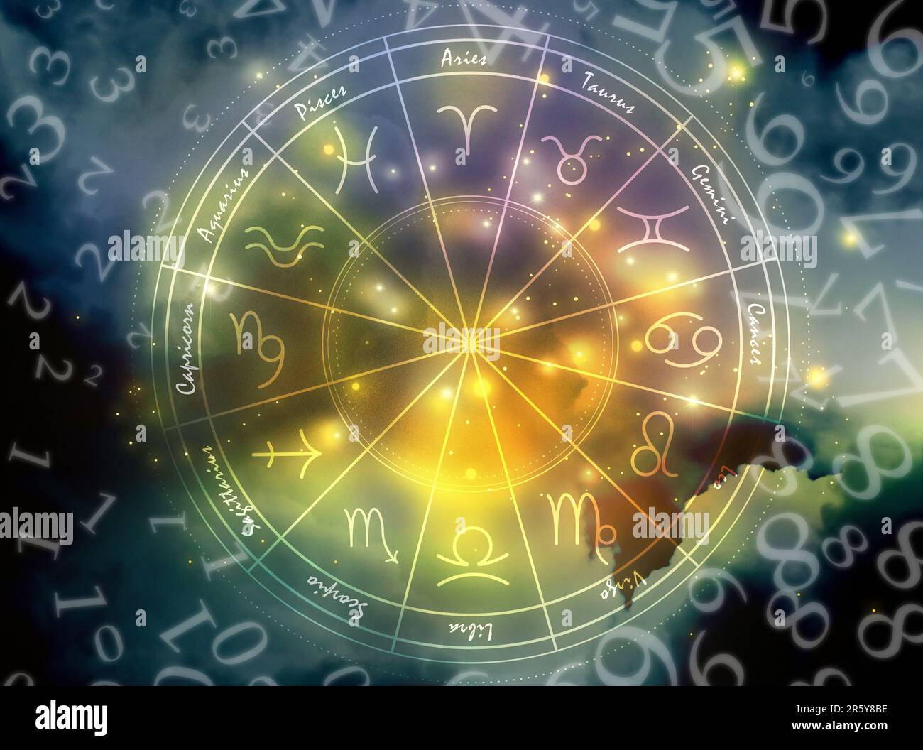 Numerologie. Viele Zahlen und Zodiac-Rad gegen den Himmel Stockfoto