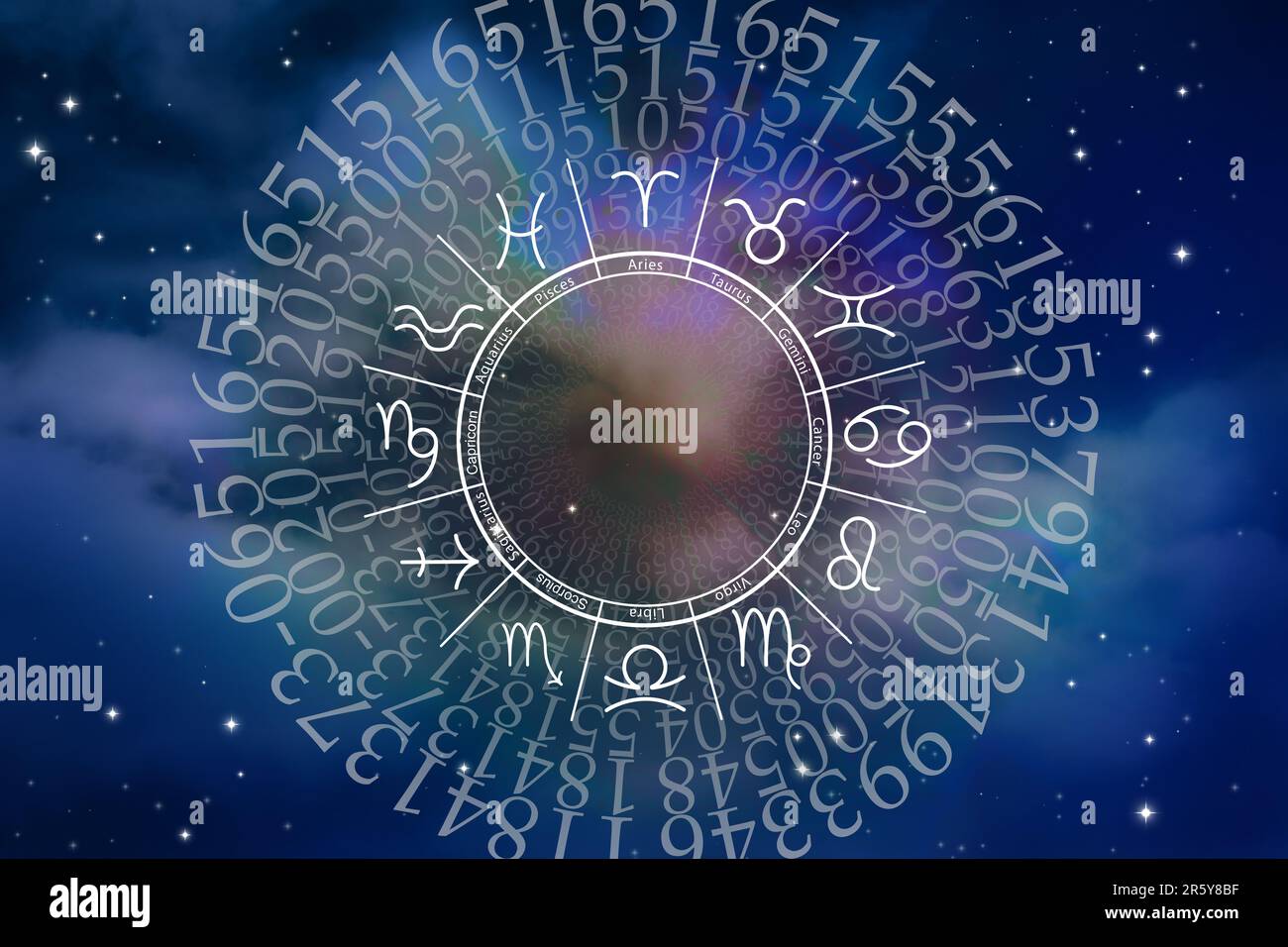 Numerologie. Viele Zahlen und Zodiac-Rad gegen den Himmel Stockfoto