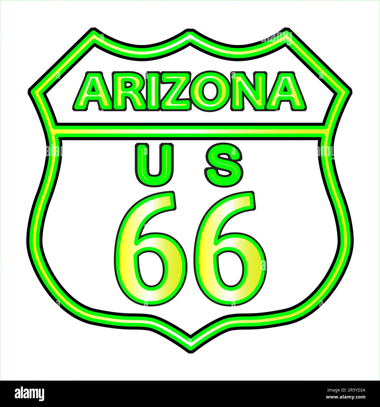 Leuchtend grünes Verkehrsschild auf der Route 66 mit weißem Hintergrund und dem Namen Arizona Stockfoto