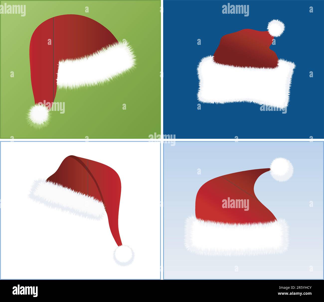 4 verschiedene Ansichten von Weihnachtsmannhüten in 4 verschiedenen Farbkombinationen Stock Vektor