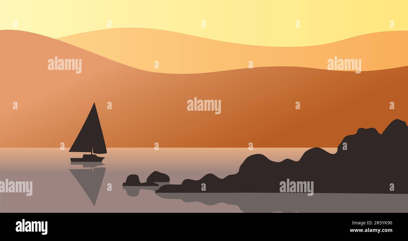 Orangefarbener Himmel bei Sonnenuntergang. Eine Silhouette aus Felsen und einem entfernten Segelboot ist im Wasser zu sehen. Stock Vektor
