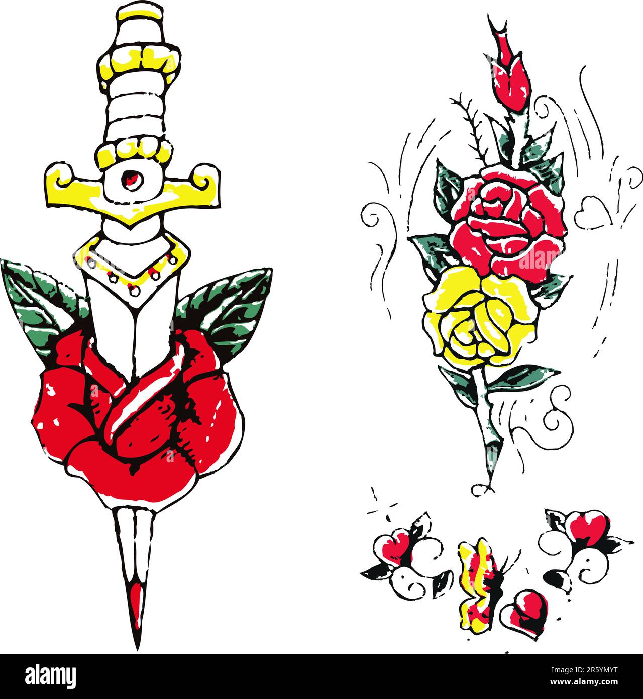 Rosenwaffen-Schwert-Tattoo Stock Vektor