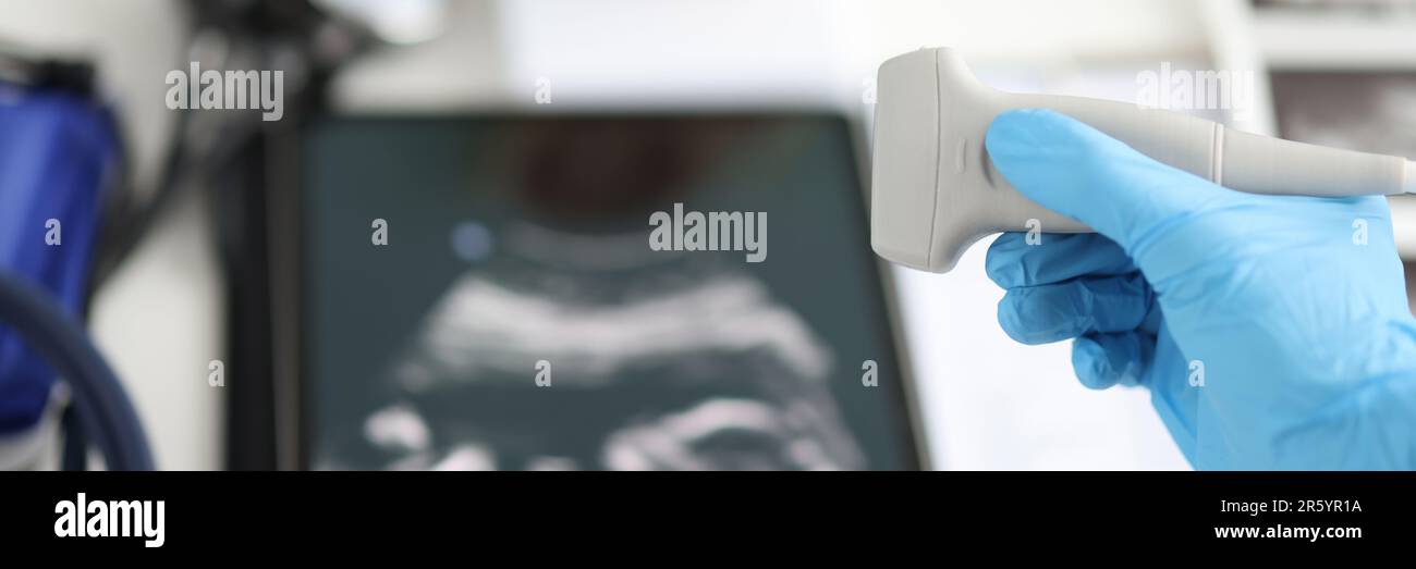 Ultraschallbild und arzttranskranielle Dopplerographie des Kindes im Mutterleib Stockfoto