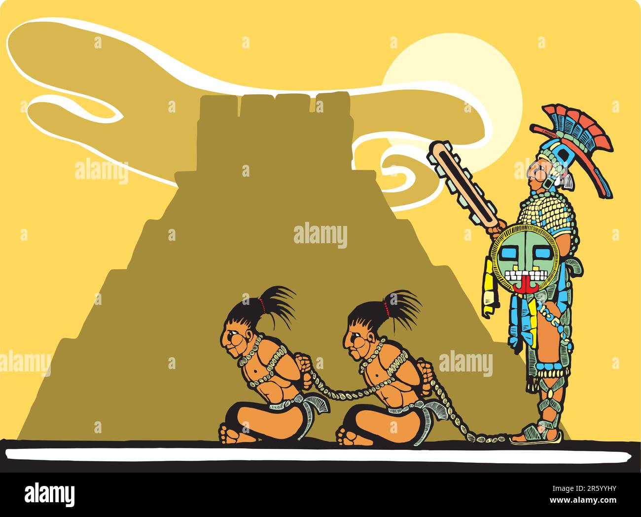 Maya-Gefangene werden bewacht, bevor sie geopfert werden. Stock Vektor
