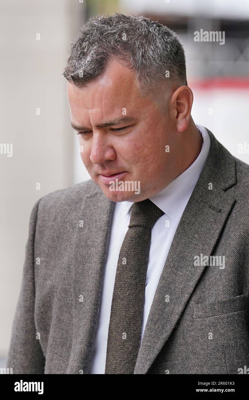 Metropolitan Police PC Jonathan Marsh, von der East Area Command Unit, am Westminster Magistrates' Court, wo er wegen Körperverletzung angeklagt wird. PC Marsh, der derzeit beschränkte Pflichten hat, wurde nach einer IOPC-Untersuchung eines Vorfalls auf dem Atlanta Boulevard, Romford, am 13. November 2022 angeklagt. Foto: Dienstag, 6. Juni 2023. Stockfoto