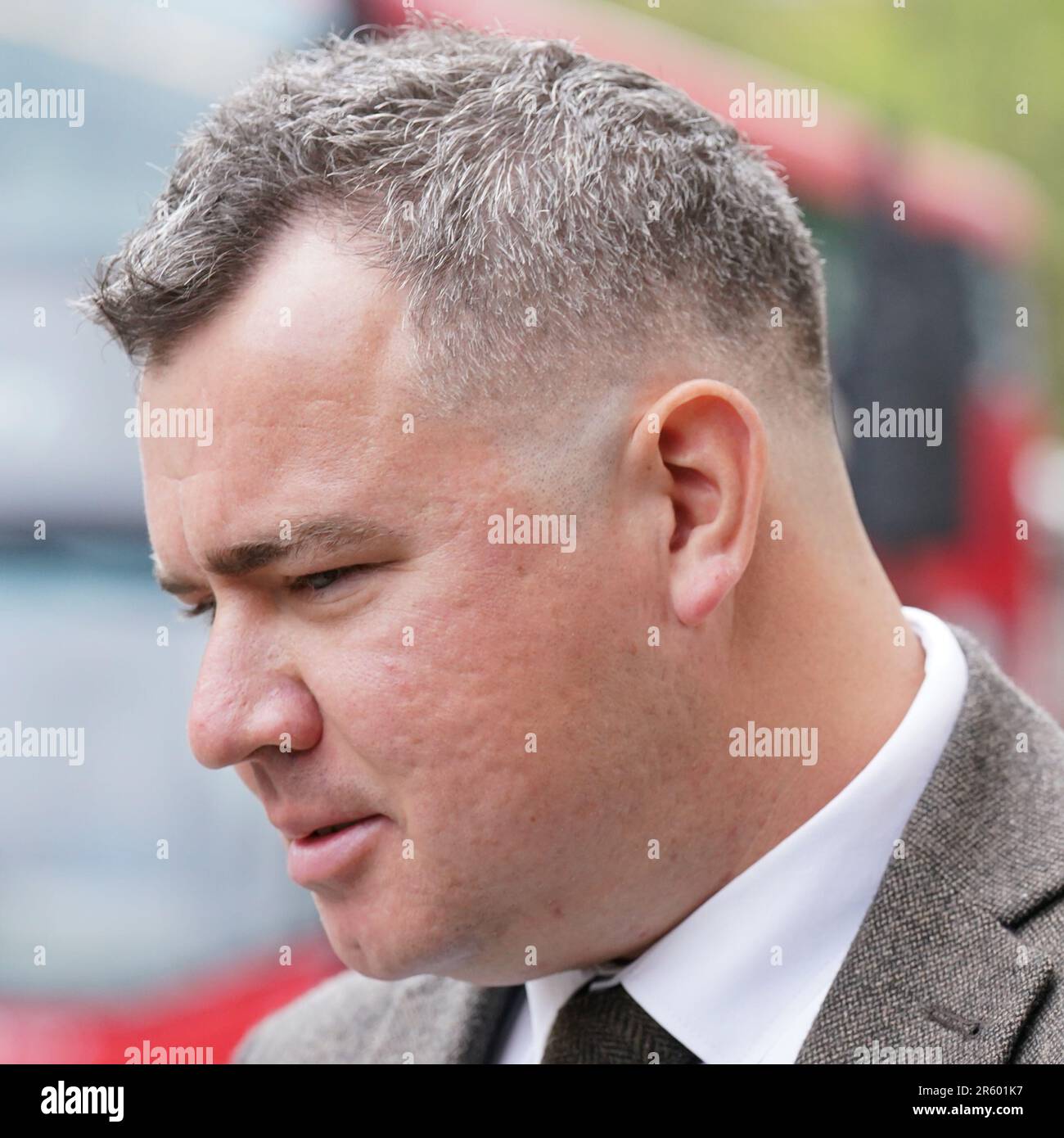 Metropolitan Police PC Jonathan Marsh, von der East Area Command Unit, am Westminster Magistrates' Court, wo er wegen Körperverletzung angeklagt wird. PC Marsh, der derzeit beschränkte Pflichten hat, wurde nach einer IOPC-Untersuchung eines Vorfalls auf dem Atlanta Boulevard, Romford, am 13. November 2022 angeklagt. Foto: Dienstag, 6. Juni 2023. Stockfoto