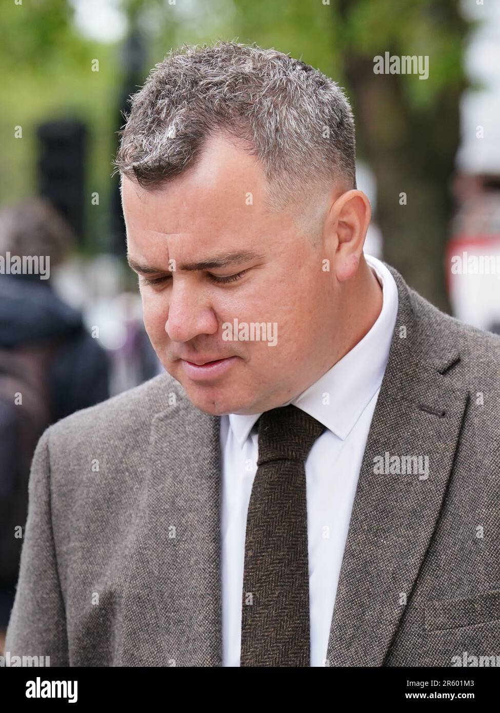 Metropolitan Police PC Jonathan Marsh, von der East Area Command Unit, am Westminster Magistrates' Court, wo er wegen Körperverletzung angeklagt wird. PC Marsh, der derzeit beschränkte Pflichten hat, wurde nach einer IOPC-Untersuchung eines Vorfalls auf dem Atlanta Boulevard, Romford, am 13. November 2022 angeklagt. Foto: Dienstag, 6. Juni 2023. Stockfoto