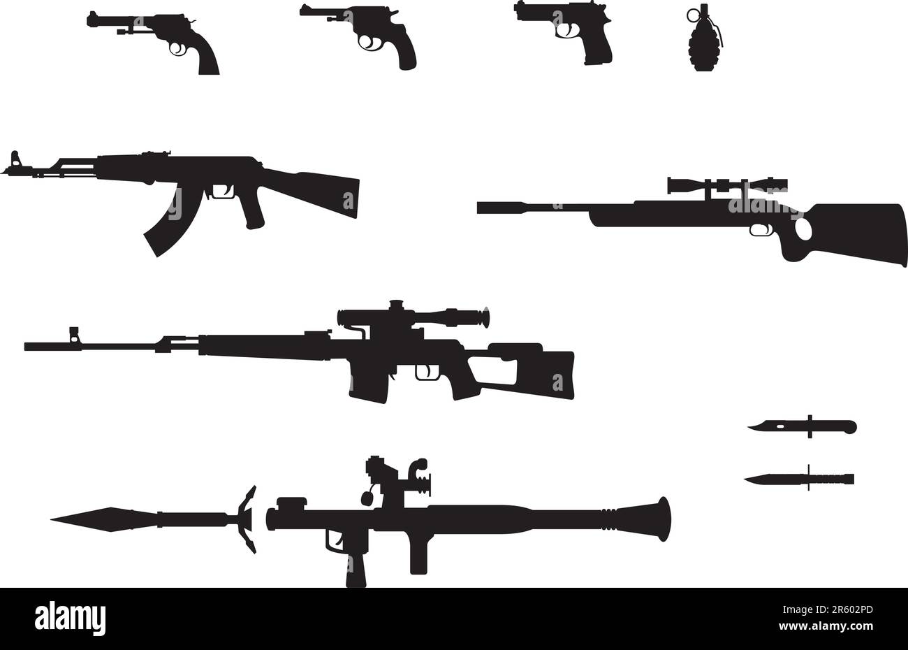 Silhouetten aus Pistole, Revolver, Granate, automatischen Waffen, Gewehren und Messern Stock Vektor