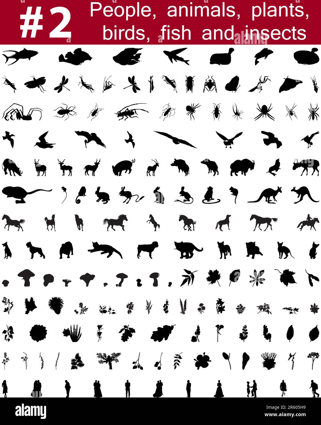 Set # 2. große Sammlung von Collage Vector Silhouetten von Menschen, Tiere, Vögel, Fische, Blumen und Insekten Stock Vektor