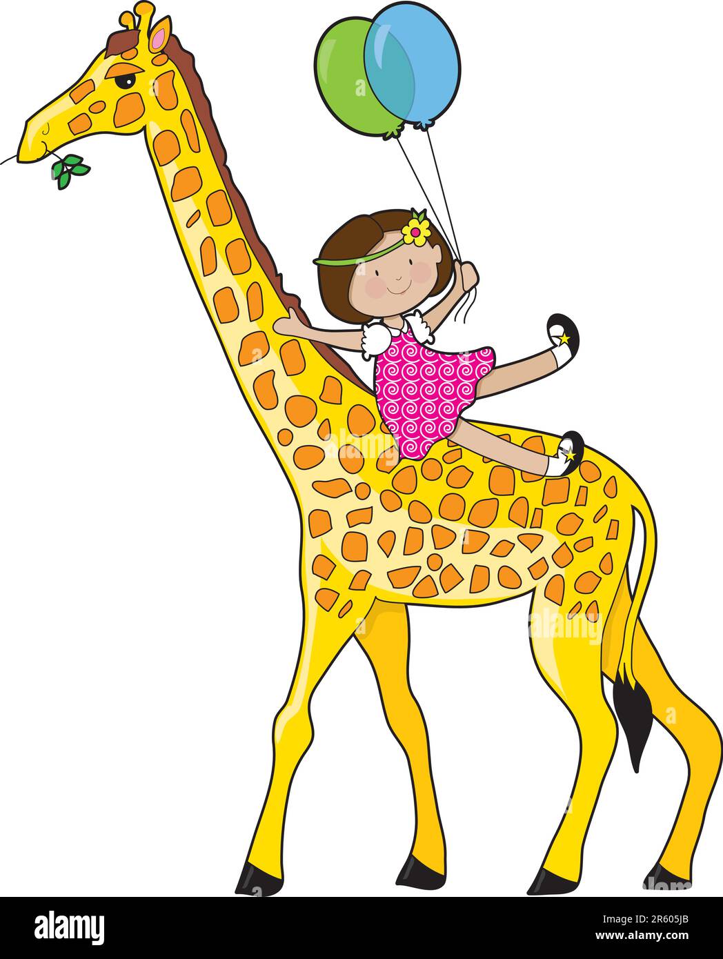 Ein kleines Mädchen ist der Giraffenhals rutschen. Sie hält zwei Ballons Stock Vektor
