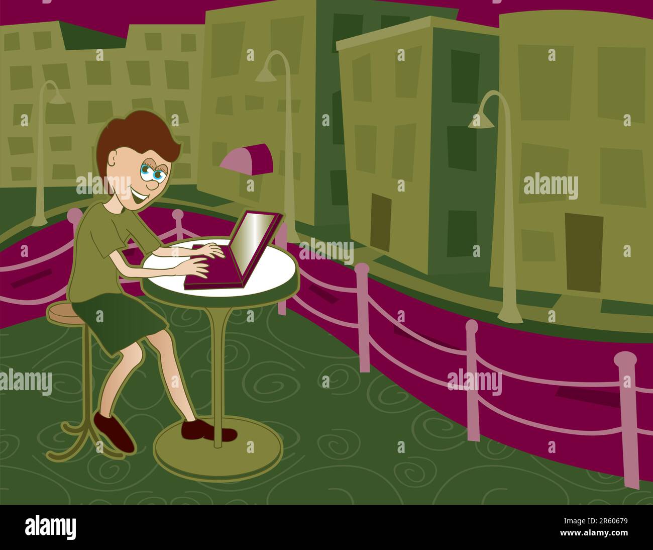 Abbildung einer Dame, die in einem Internetcafe sitzt. Stock Vektor