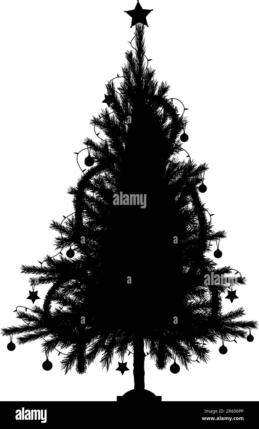 Bearbeitbares Vektor Silhouette eines detaillierten Weihnachtsbaumes mit Baum und Dekorationen als separate Objekte Stock Vektor