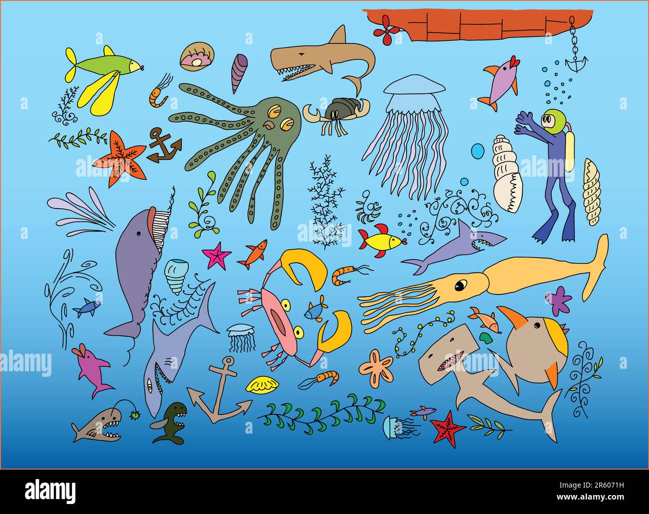 Handgezeichnete Meeresbewohner kritzeln Stock Vektor