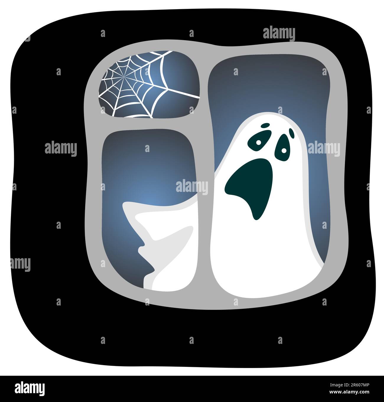 Cartoon-Phantom in einem dunklen Fenster mit Spinnennetz. Halloween-Illustration. Stock Vektor