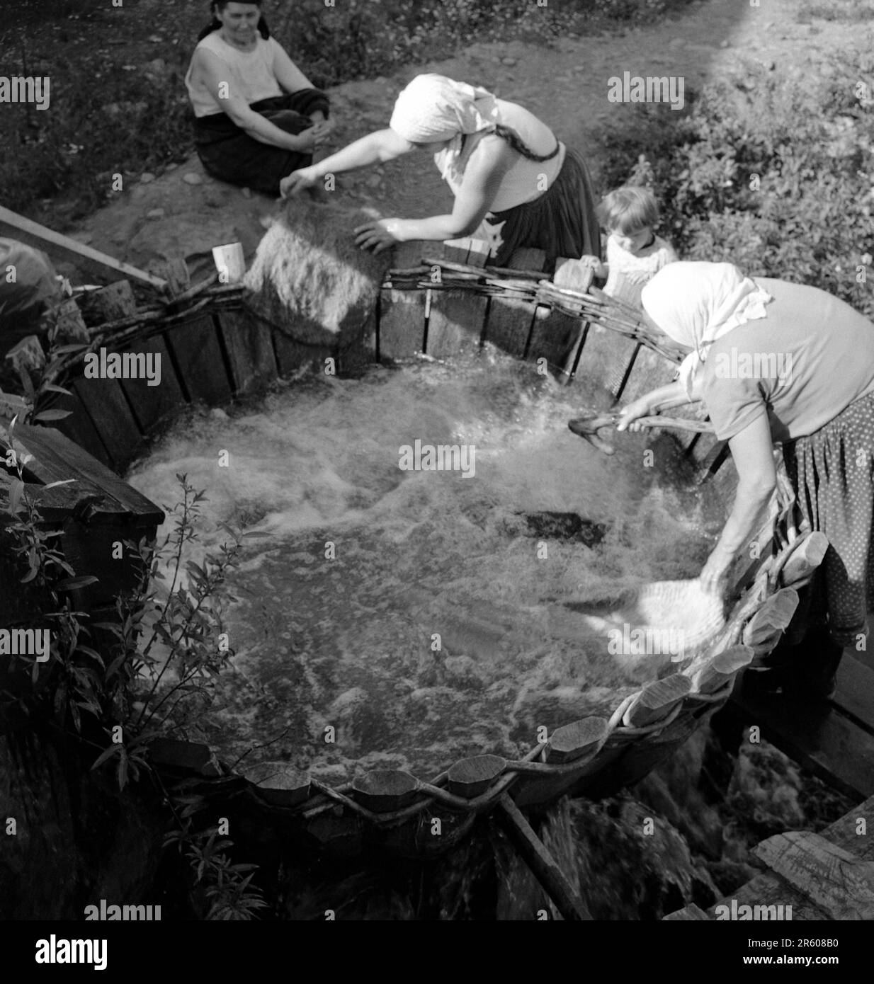 Maramures County, Rumänien, ca. 1977. Traditionelle Holzkonstruktion zum Waschen von Teppichen oder Decken, Nutzung eines Whirlpools entlang eines Flusses. Stockfoto