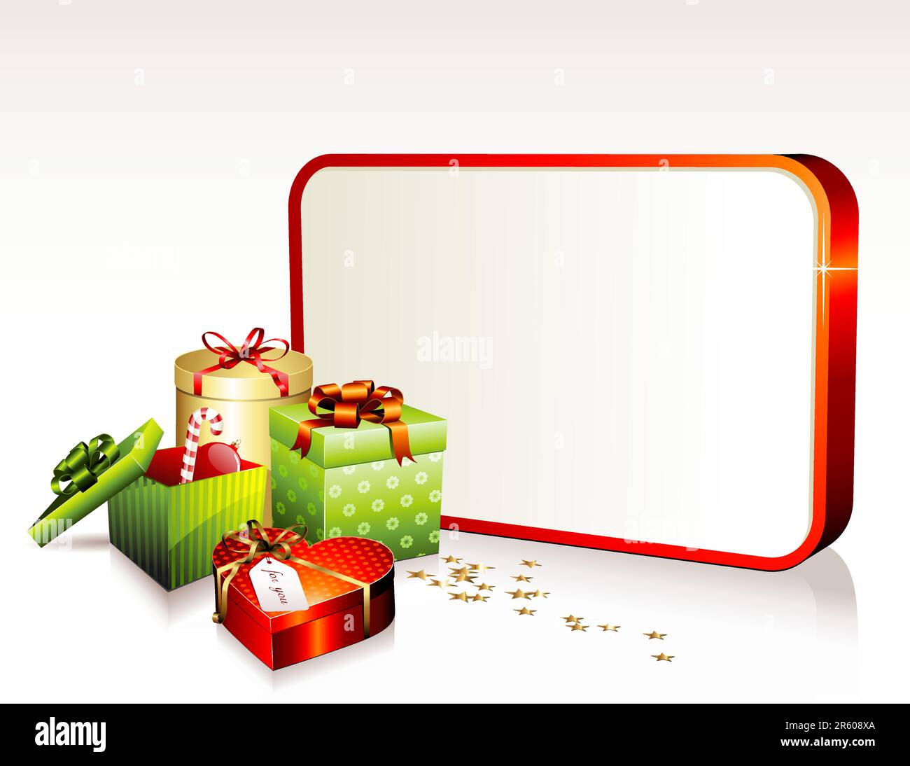 Dreidimensionales Vektorzeichen, Geschenkboxen und sternförmiges goldenes Konfetti Stock Vektor