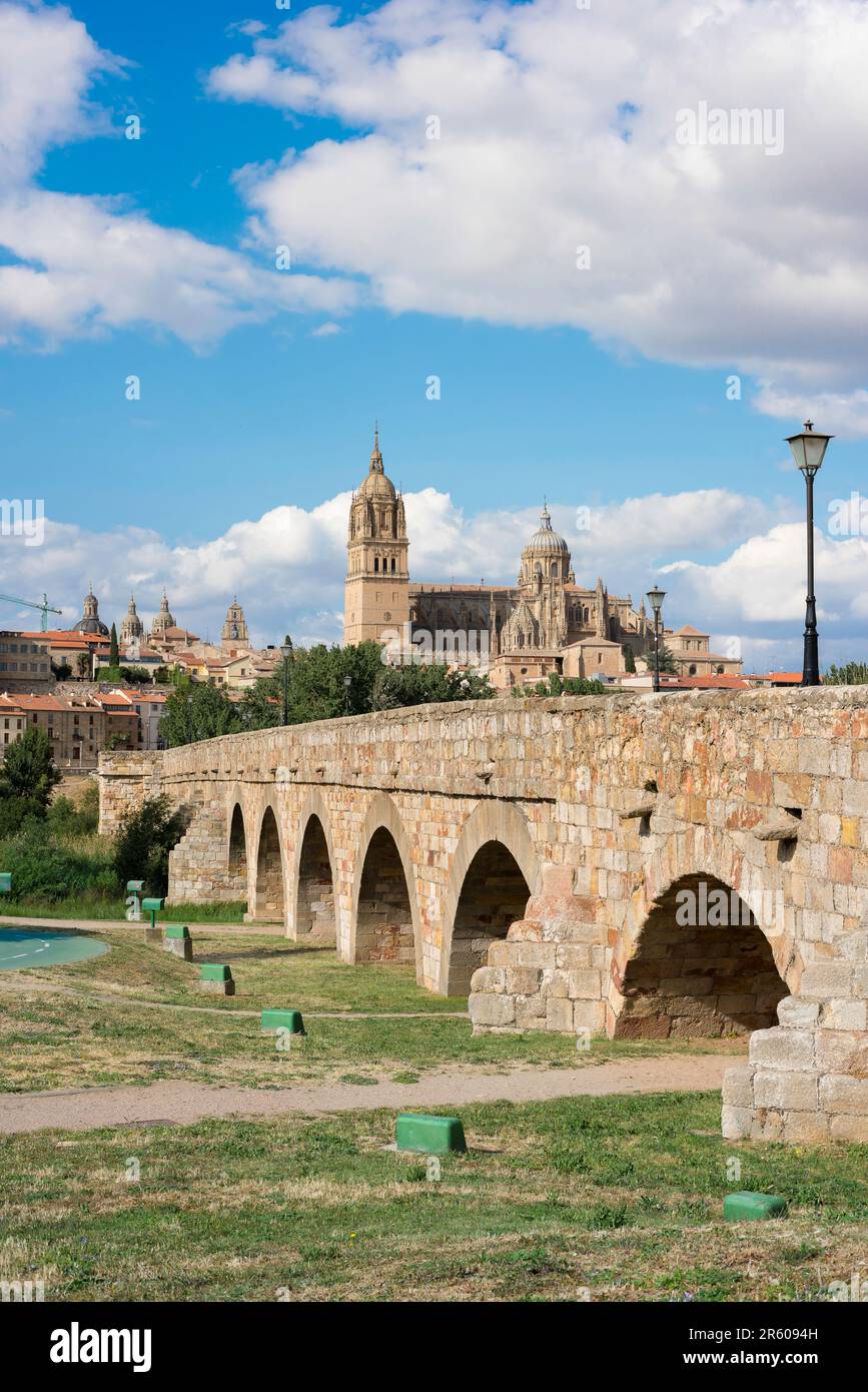 Salamanca Römische Brücke, Blick im Sommer auf die römische Brücke (Puente Romano), die zur historischen Stadt Salamanca, Castilla Y Leon, Spanien führt Stockfoto