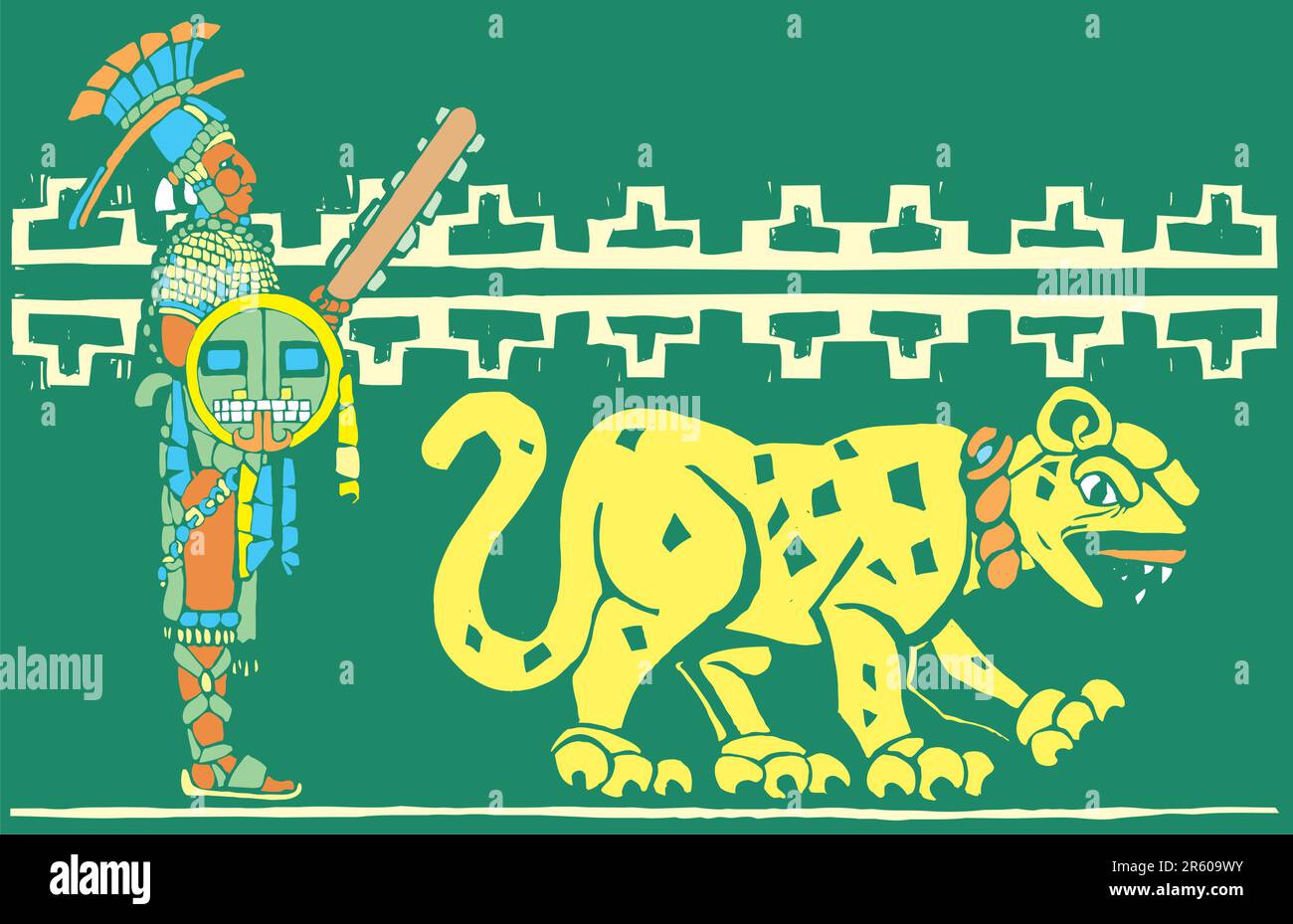 Maya-Krieger mit Jaguar. Stock Vektor